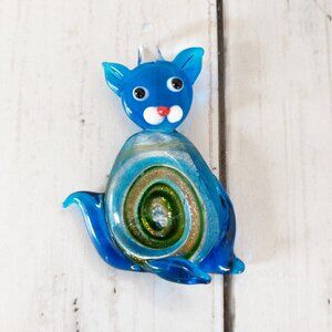 Murano Foil Glass Cat Pendant Blue Glass Art 2” Kitty Ornament Charm Sun Catcher